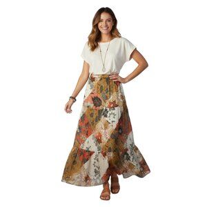 Johnny Was Jade Stephanie XL Tiered Boho Maxi Skirt Patchwork L79921 Silk Blend